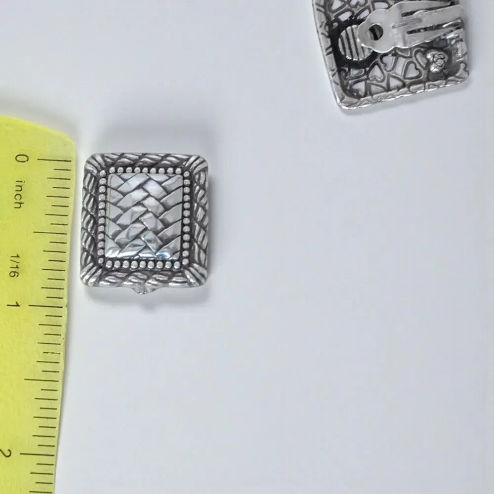 Brighton Vintage Rectangular Woven Clip On Earrings Silver Plated Retired